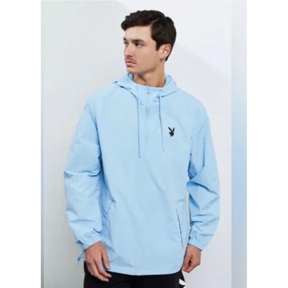 Pacsun Playboy Jacket Mens Small Blue Quarter Zip‎ Hoodie Logo Windbreaker